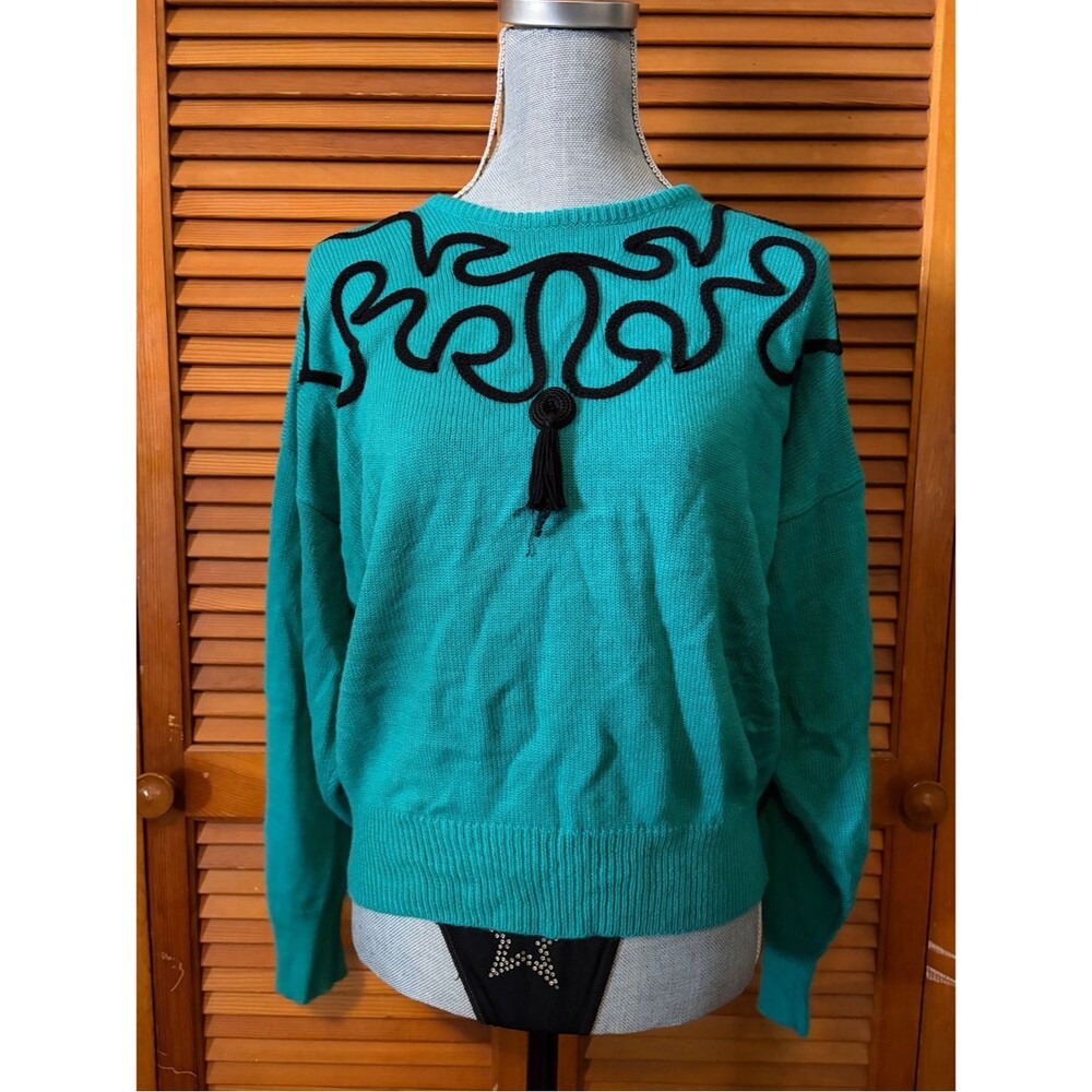 Vintage 80s Teal Crewneck Sweater with Black Embroidered Brocade and Tassel